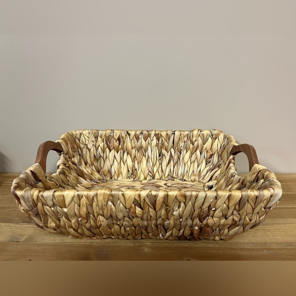 Woven Hyacinth Rectangular Basket with Wooden Handles